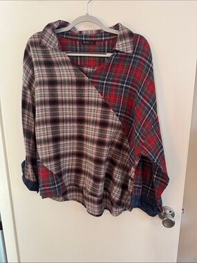 Very J Mixed Plaid Button-Front Shirt in Denim Red, Gray & Blue size Lg